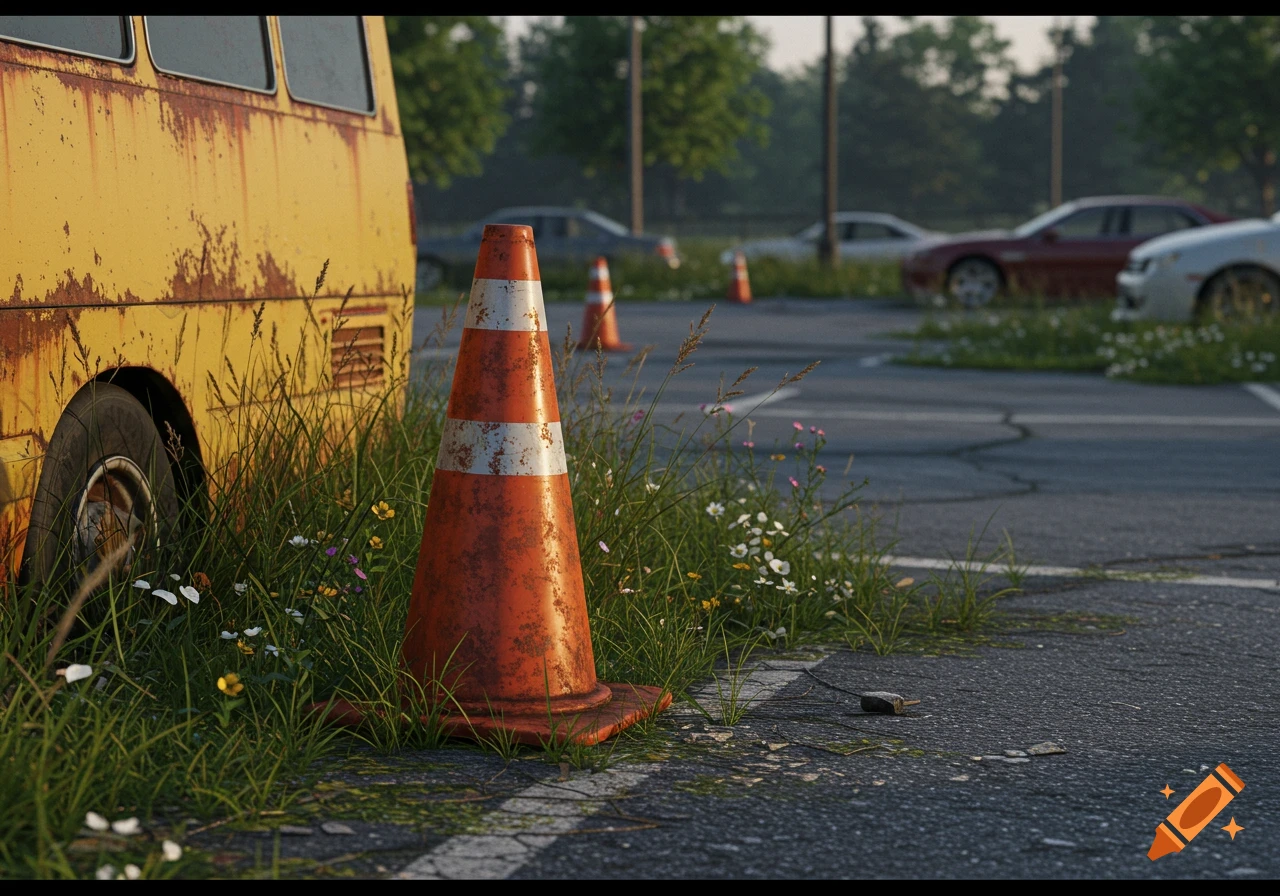 A rusty yellow bus and an old orange traffic cone are surrounded by overgrown grass and wildflowers in a dilapidated parking lot.