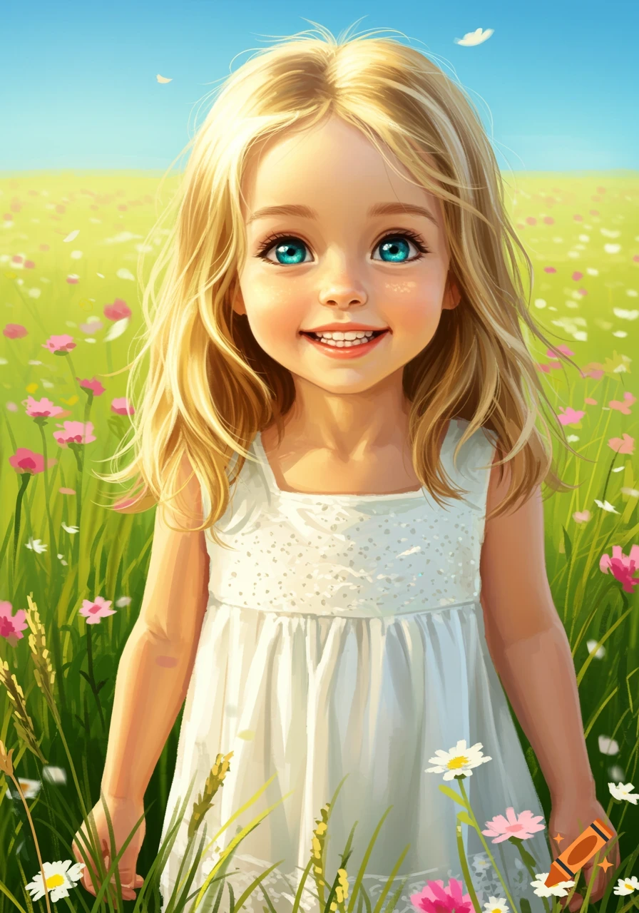 Smiling blond girl with blue eyes in a white dress stands in a field of green grass and colorful wildflowers under a blue sky, digital art.