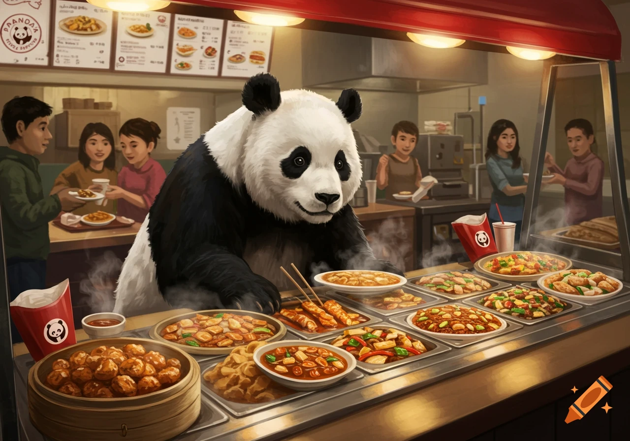 A large panda stands behind a buffet counter filled with various Chinese dishes at a Panda Express-like restaurant, while customers wait in the background.