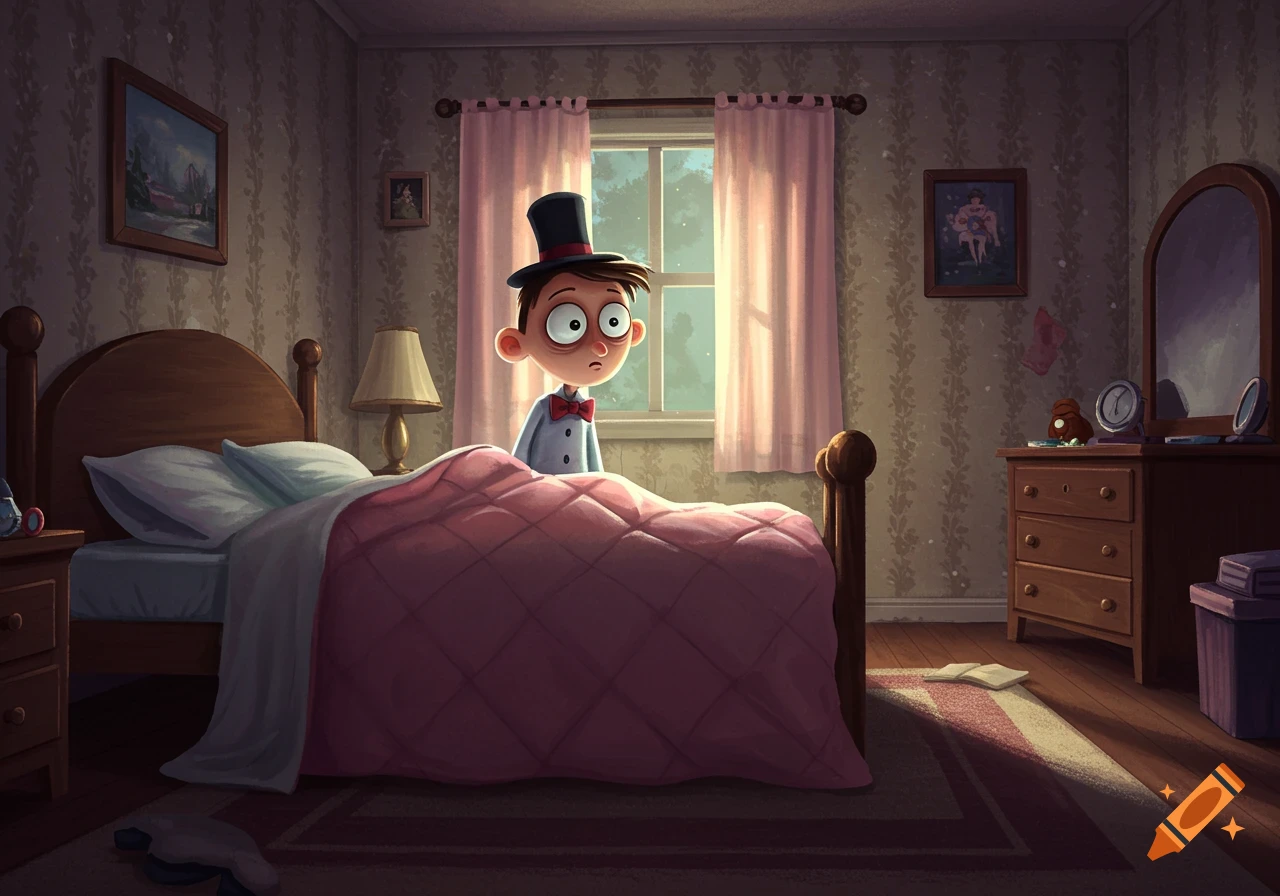 A wide-eyed cartoon boy in a top hat and bow tie stands at the foot of a bed in a cozy, illustrated bedroom.