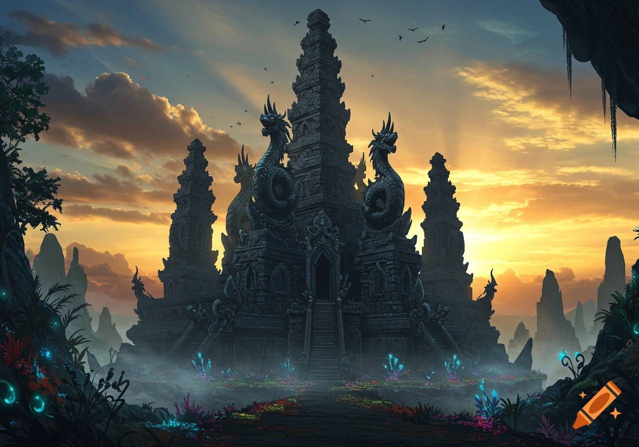 A large obsidian dragon temple with multiple towers, surrounded by mystical glowing plants, under a dramatic sunset sky.