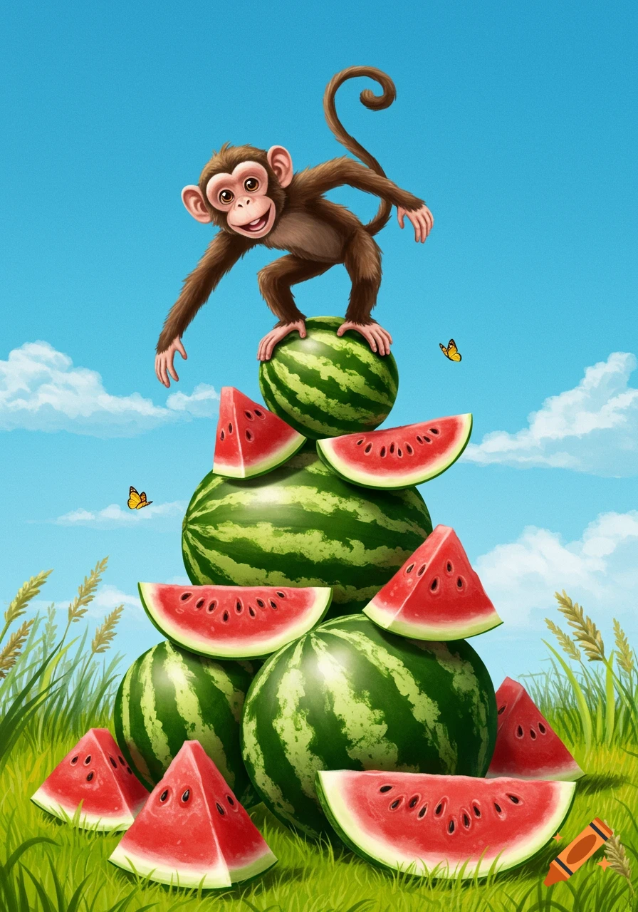 A happy cartoon monkey balances on a tall pile of watermelons and slices in a grassy field under a blue sky.