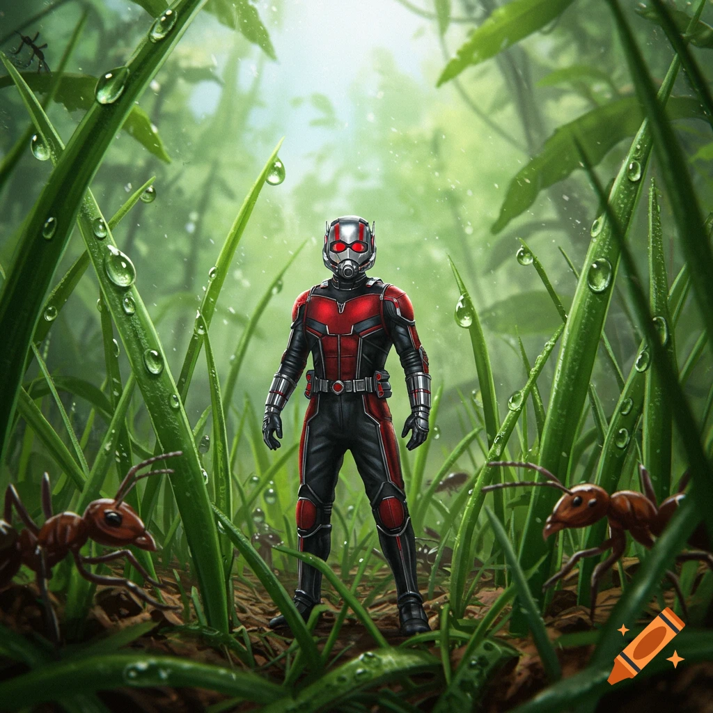 Ant-Man stands in tall green grass covered in water droplets, with large ants in the foreground.