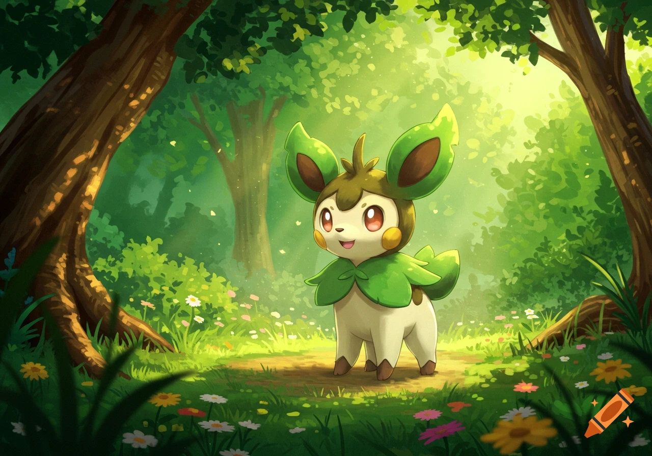 A cute, green and brown, deer-like Pokemon smiles in a vibrant, sun-dappled forest with wildflowers. Illustrated.