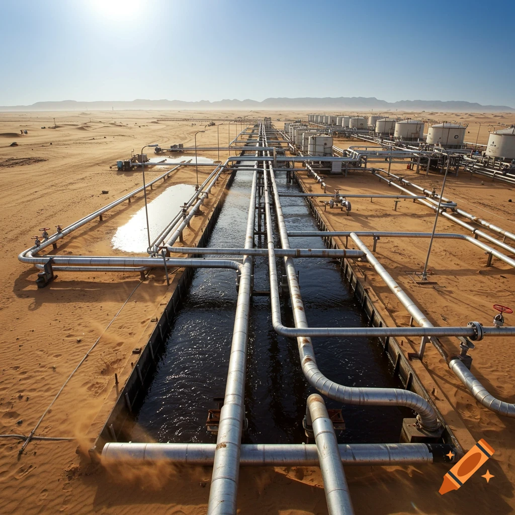 An aerial view of an oil production facility in a vast desert, featuring long pipelines, open trenches with dark liquid, and numerous storage tanks under a bright sky.