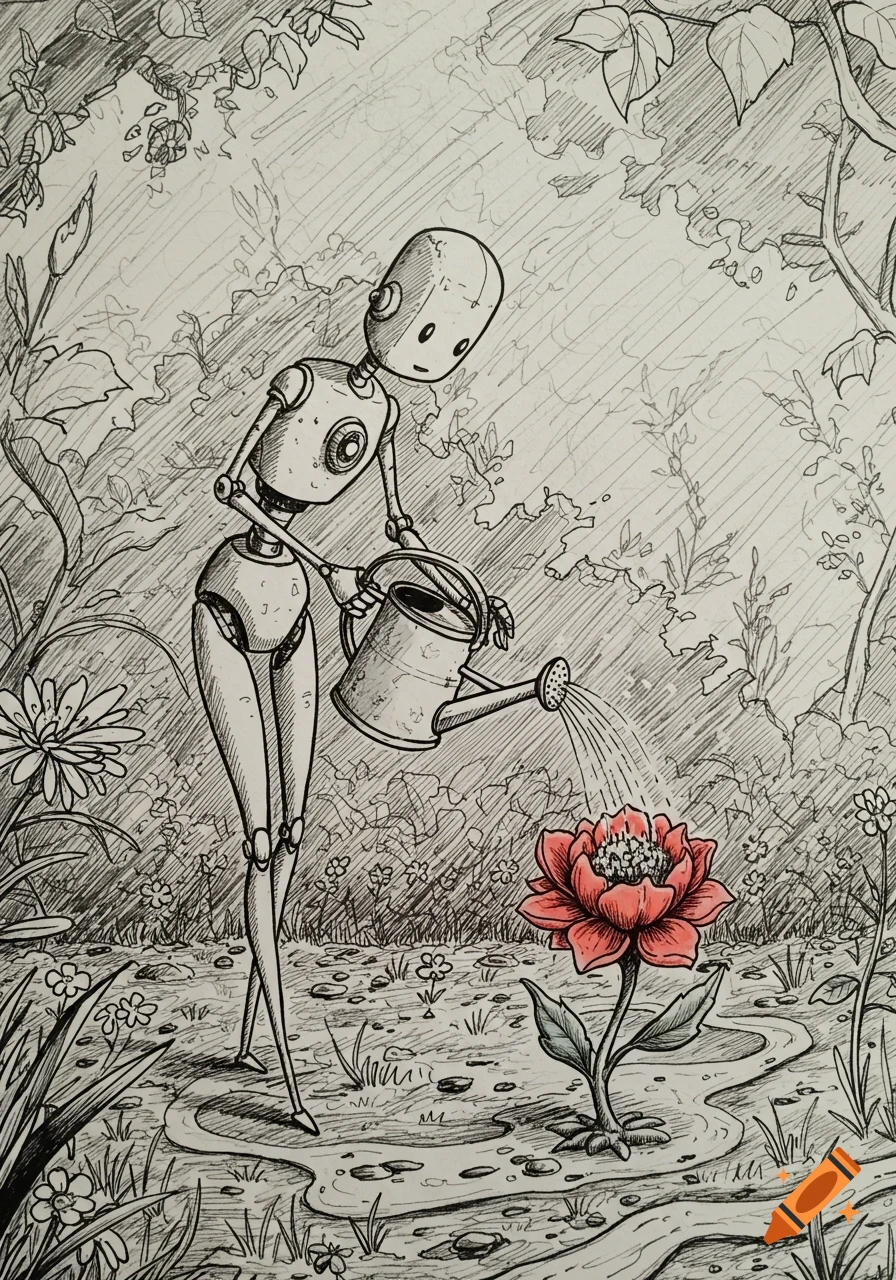 A robot waters a vibrant red flower in a garden, depicted in a detailed pen sketch.