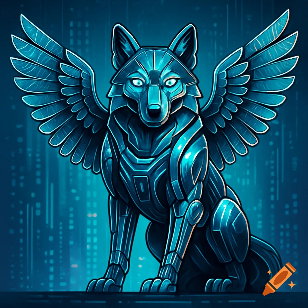 A stylized teal cyber wolf with large wings and glowing eyes sits against a futuristic city background.