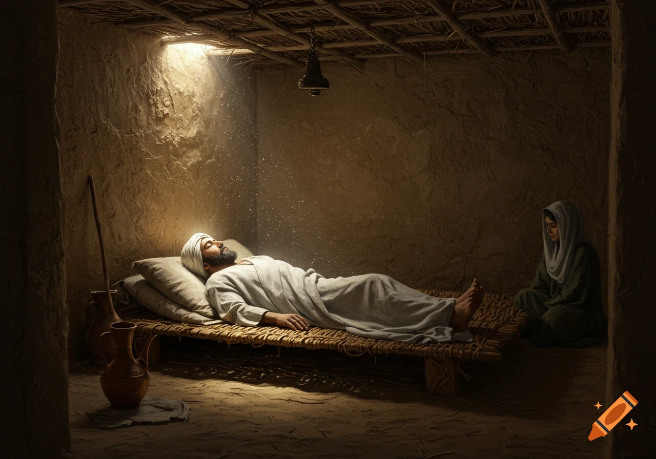 A man with a white turban and beard lies on a simple bed in a mud-walled room, illuminated by a beam of light. A woman in a head covering sits nearby.
