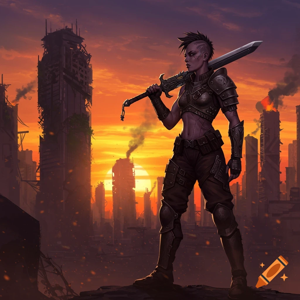 A female warrior in armor stands in a ruined city at sunset, holding a large sword.