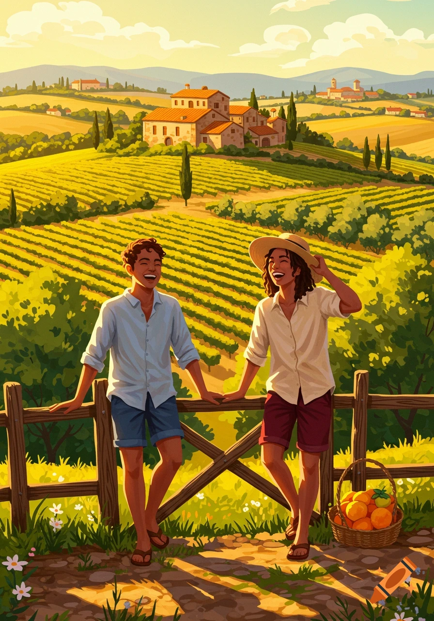 Two happy men in a colorful illustration, leaning on a fence overlooking sunny Italian vineyards with farmhouses.