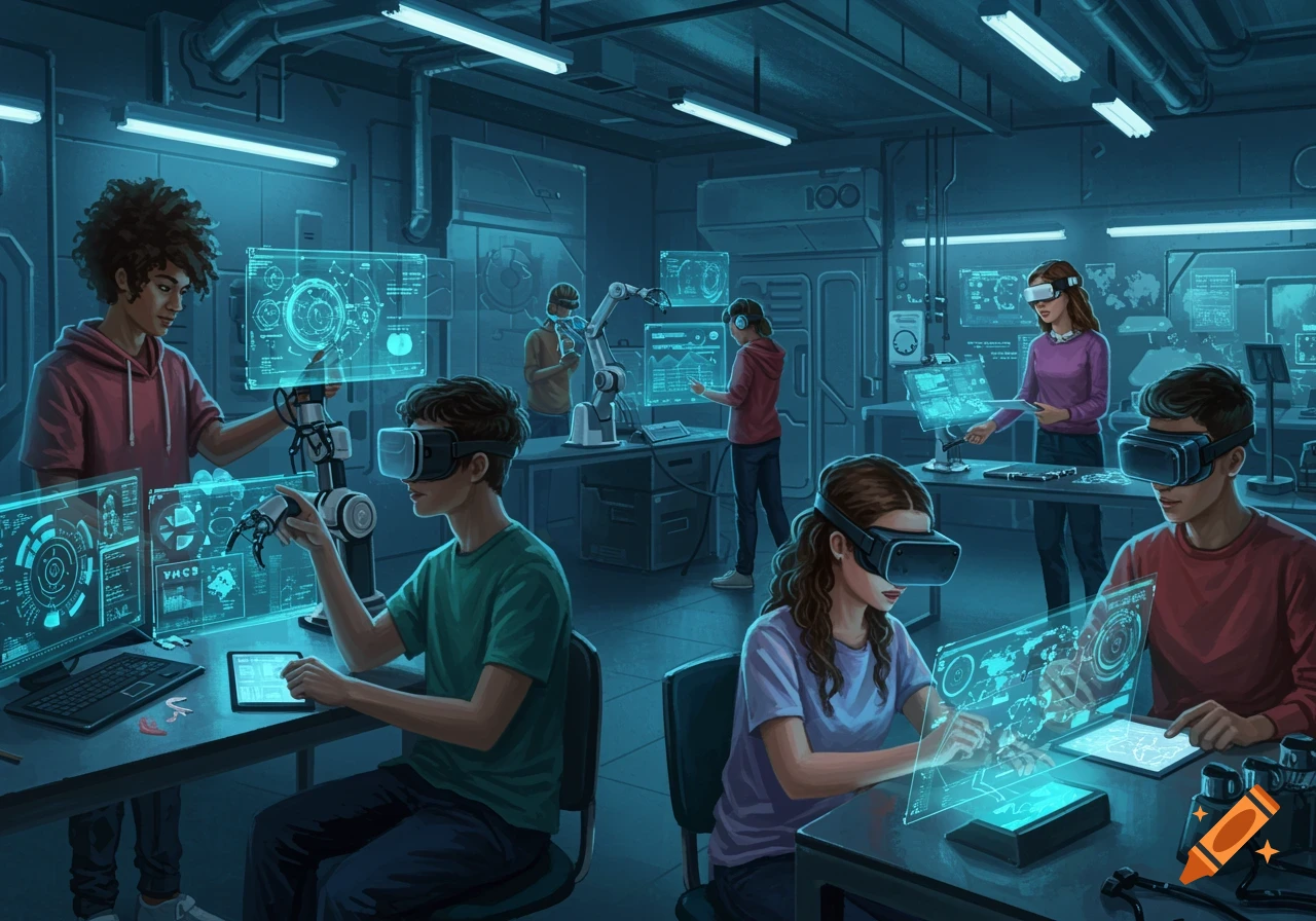 Young people in a futuristic lab using VR headsets and holographic displays for robotics and data interaction.