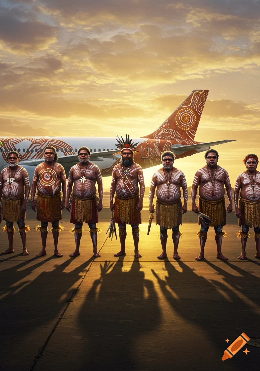 Indigenous Australian men in traditional attire and body paint stand on an airport tarmac at sunset, in front of a culturally decorated plane.