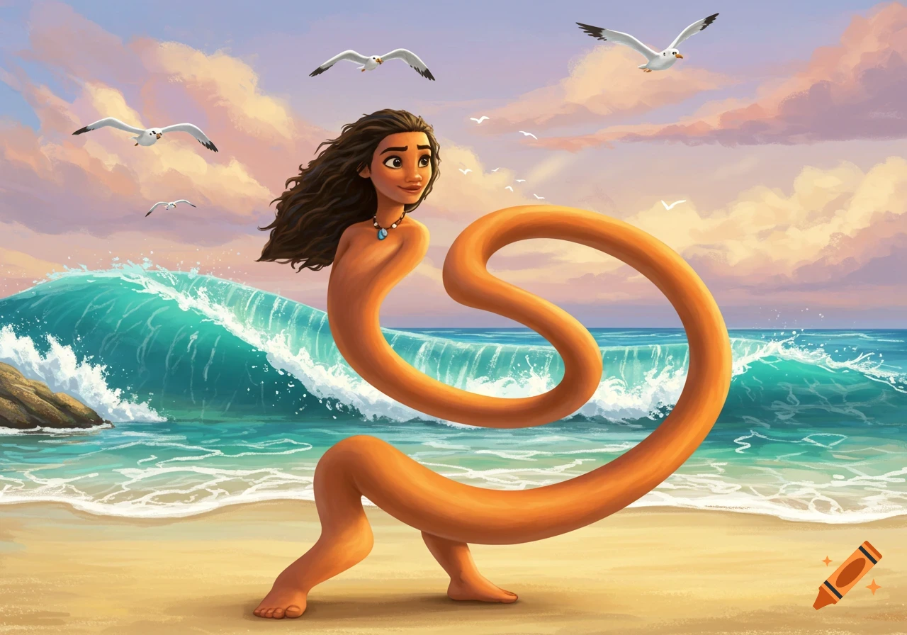 Cartoon Moana with an extremely long, stretchy, pretzel-like body stands on a beach with crashing waves and flying seagulls.