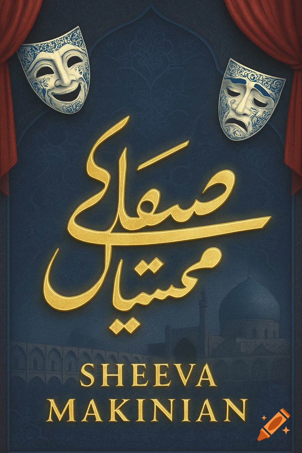 A dark blue poster with golden Persian calligraphy and the name SHEEVA MAKINIAN. Two ornate theater masks, one smiling and one sad, are at the top. Faint Iranian architectural silhouettes are in the background with red curtains on the sides.
