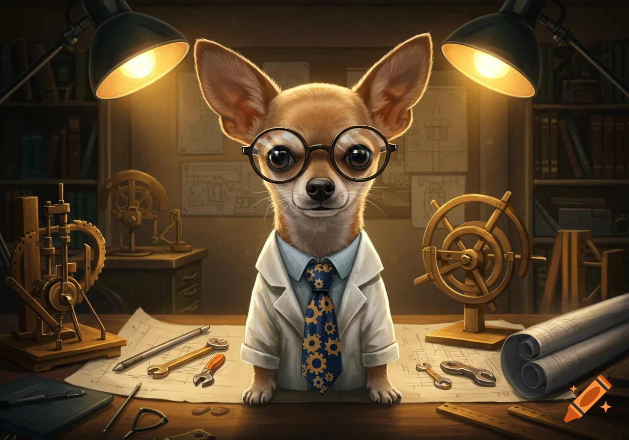 A chihuahua dog in glasses and an engineer's lab coat and tie sits at a desk with blueprints and mechanical parts.