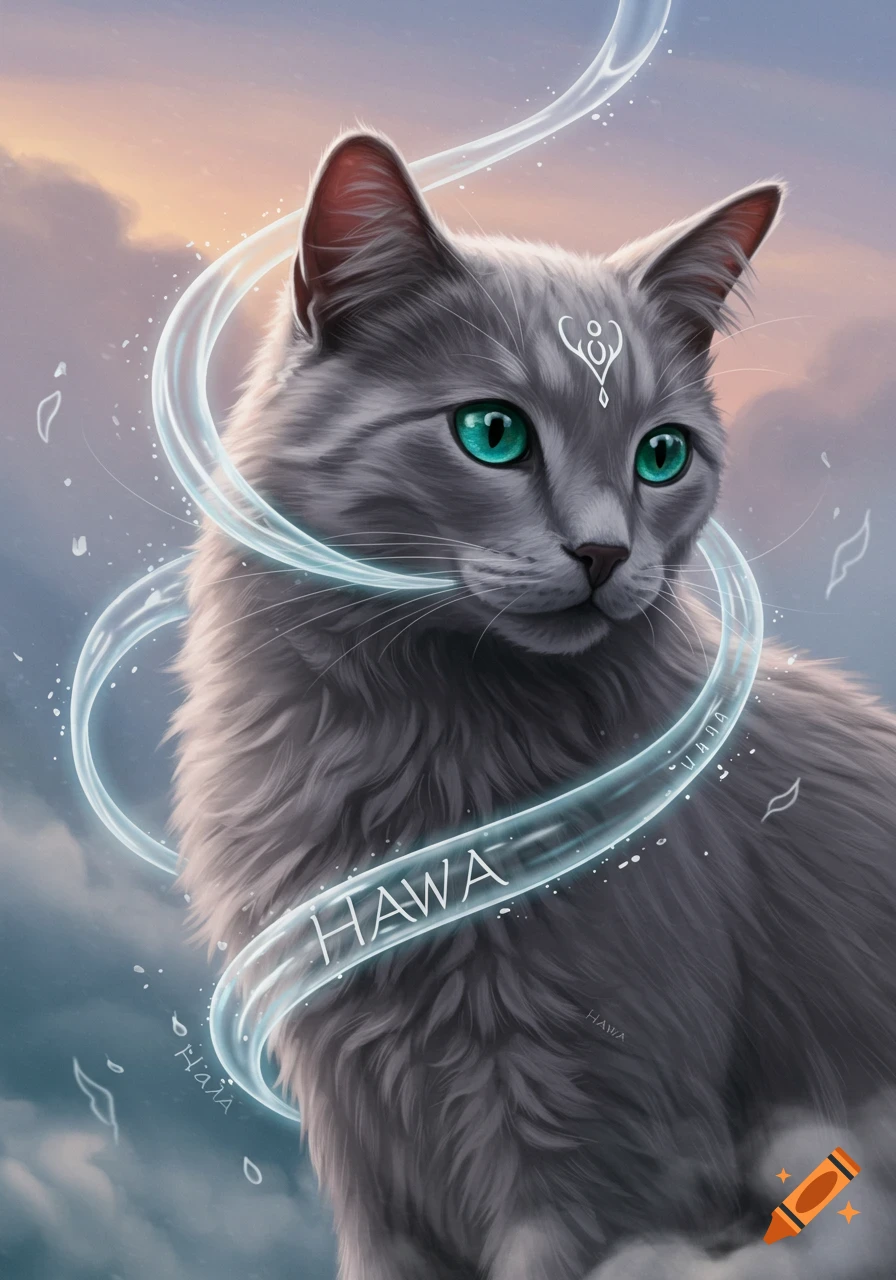 A grey cat with luminous green eyes and glowing white-blue ribbons spelling 'HAWA' around its neck, set against a cloudy sky.