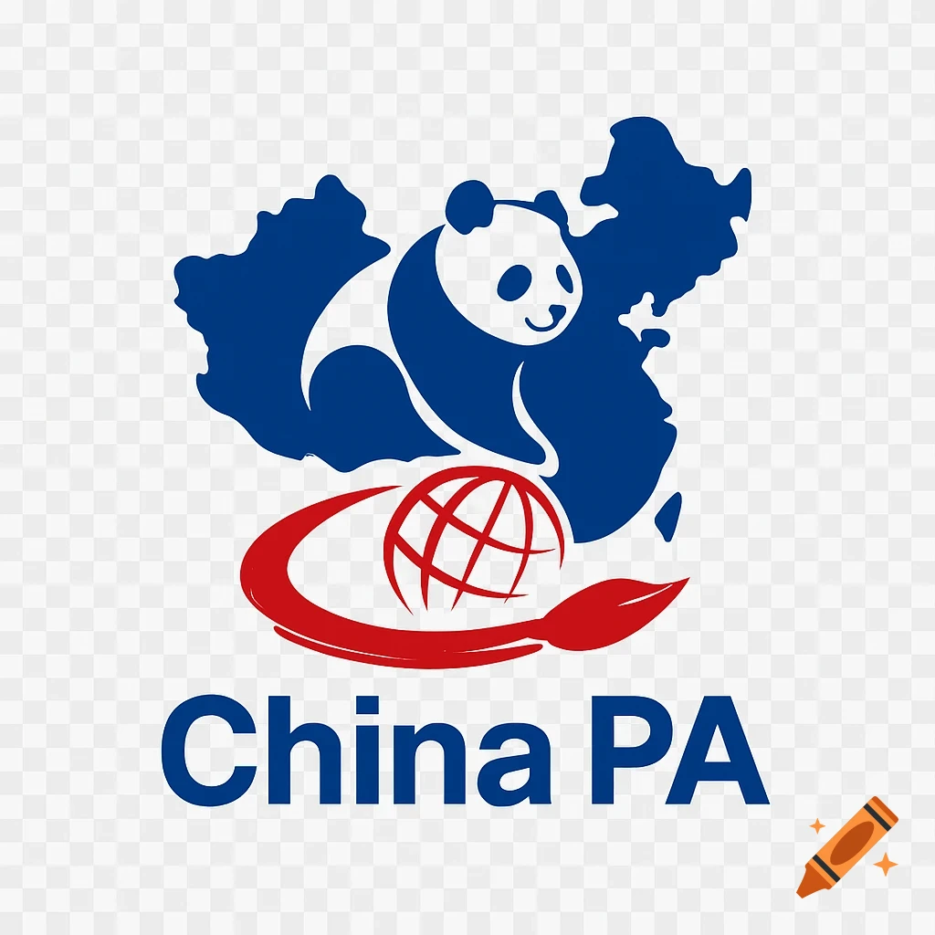 A blue and red logo featuring a panda silhouette on a map of China, a globe, and the text 'China PA' on a transparent background.