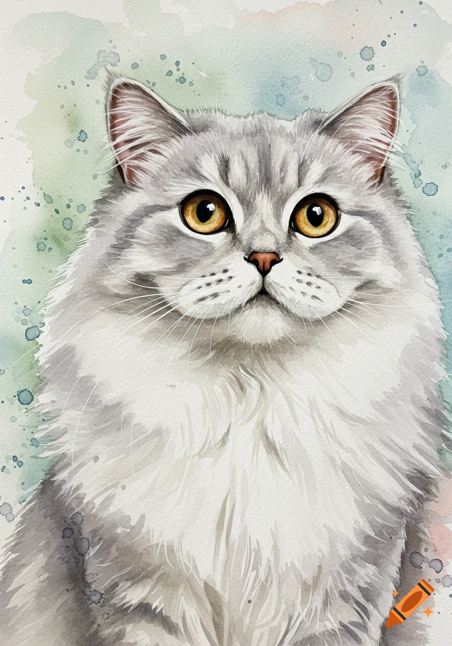 Watercolor portrait of a fluffy gray and white long-haired cat with bright golden eyes, set against a soft green and blue background.