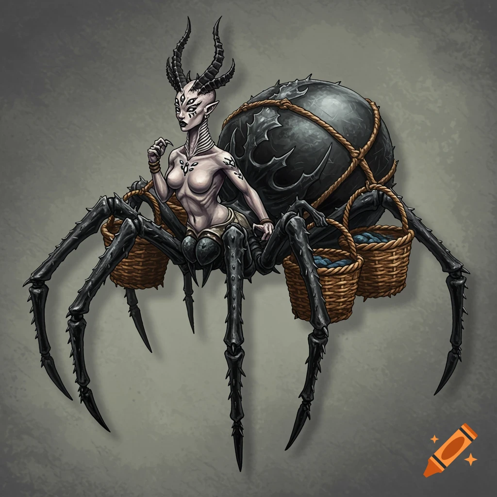 A fantasy illustration of a spider-human hybrid creature, with a demonic female upper body featuring horns, multiple eyes, and a bare torso, atop a large black spider abdomen carrying wicker baskets.