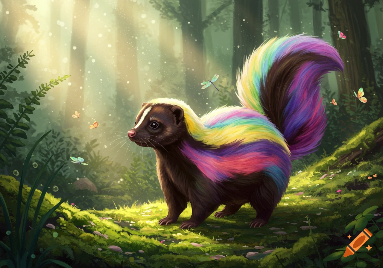 A vibrant rainbow-colored skunk stands on a mossy forest floor, surrounded by glowing light, butterflies, and dragonflies.