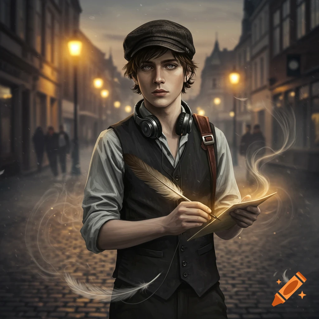 A young poet with a cap and headphones writes with a quill on a glowing tablet on a cobblestone street at dusk.