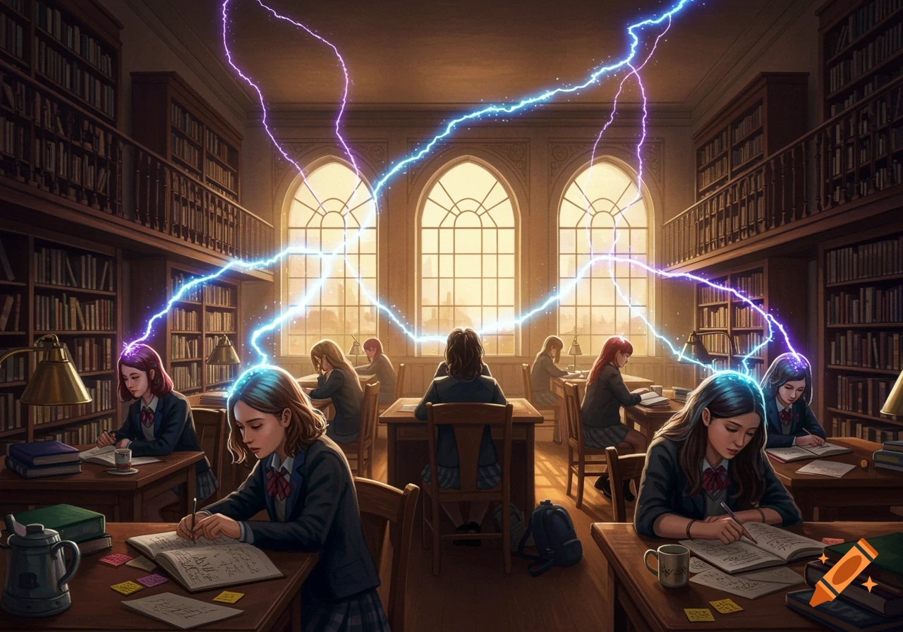 Digital illustration of high school girls studying intensely in an old library, with electricity emanating from their brains.
