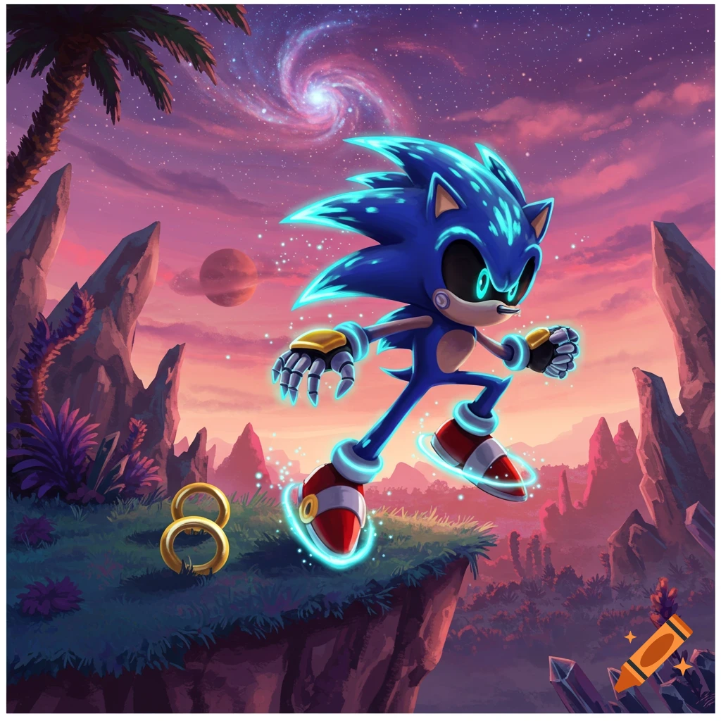 Blue, glowing Sonic the Hedgehog runs across a rocky alien landscape under a pink and purple cosmic sky with a visible galaxy and planets.