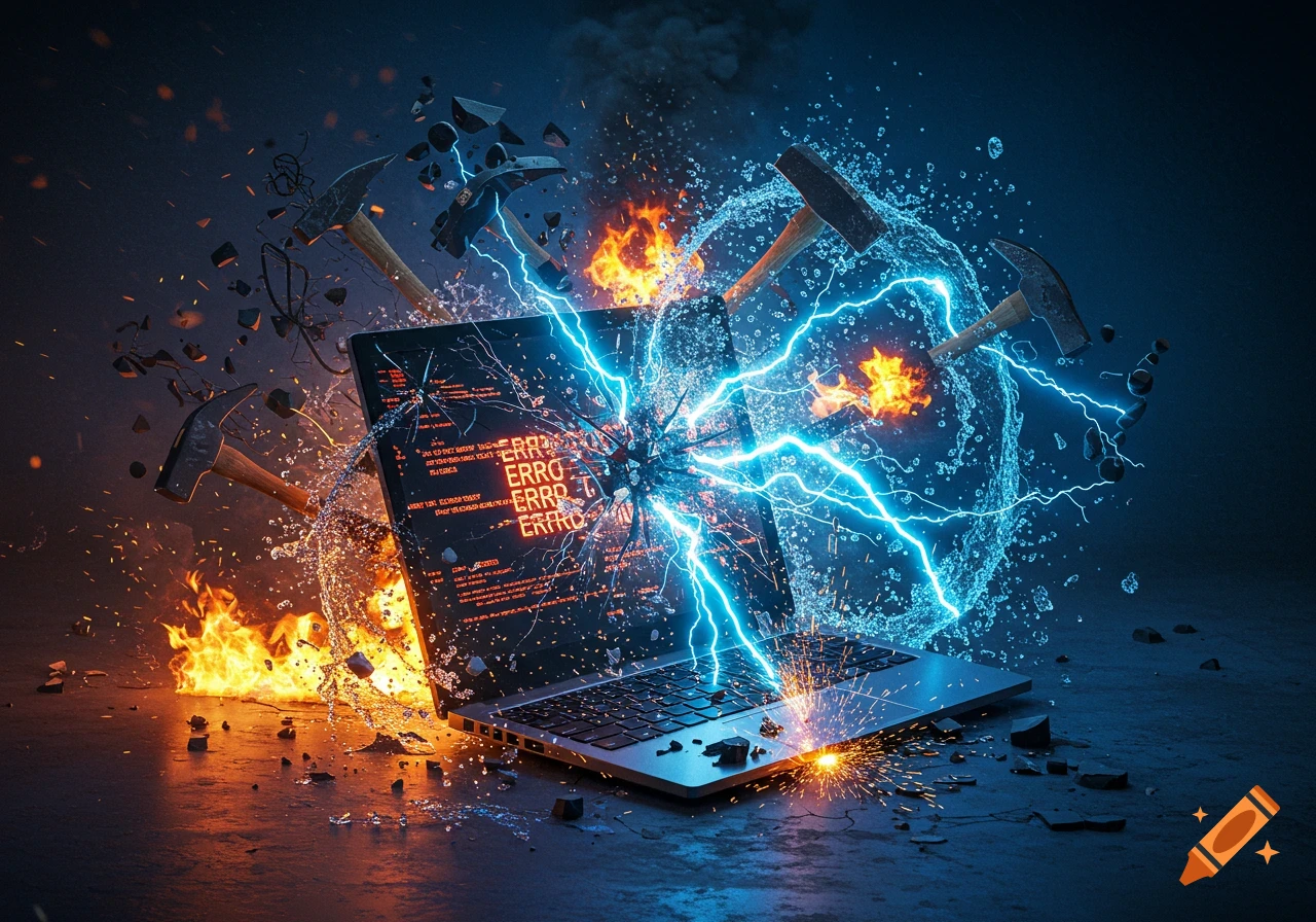 A destroyed laptop screen shatters with bright blue lightning, sparks, fire, and hammers flying around, on a dark background.