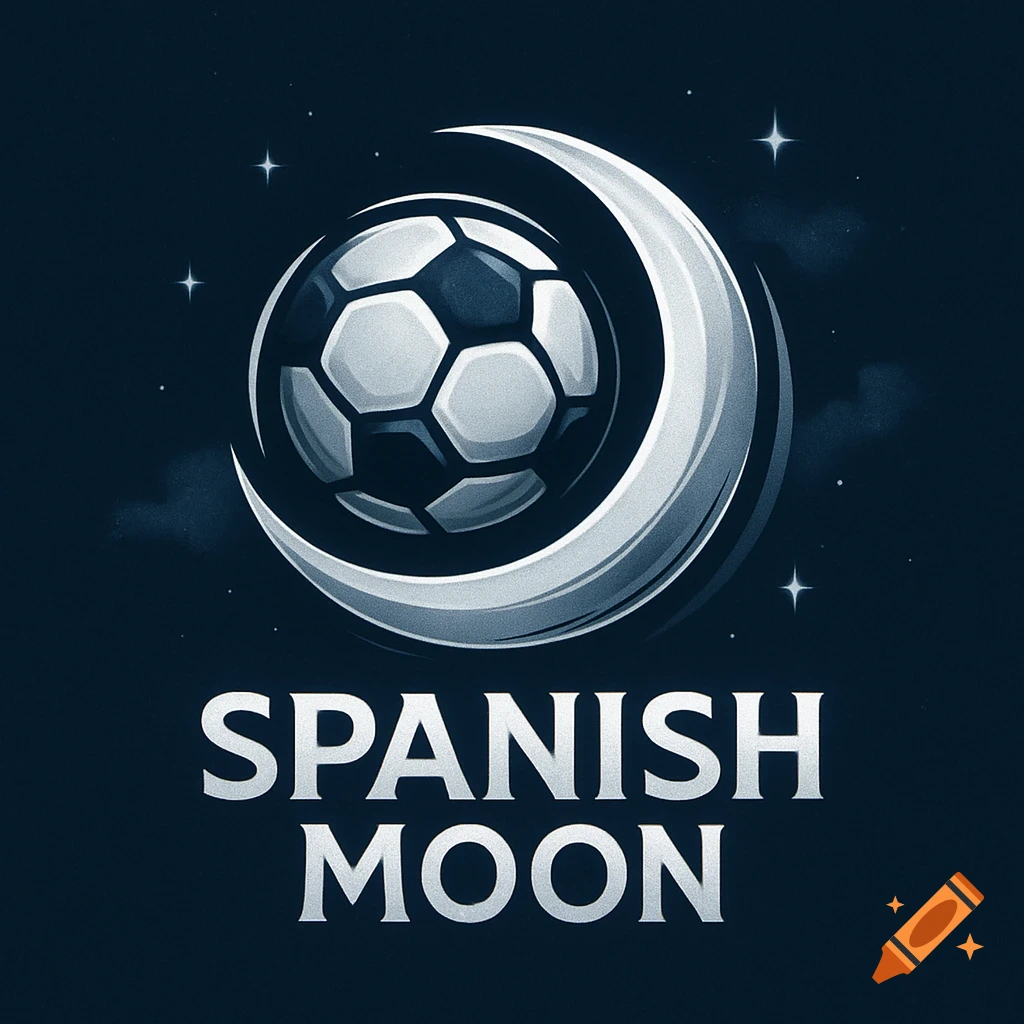 A logo featuring a soccer ball partially enclosed by a crescent moon, with "SPANISH MOON" text below, against a dark, starry night sky.