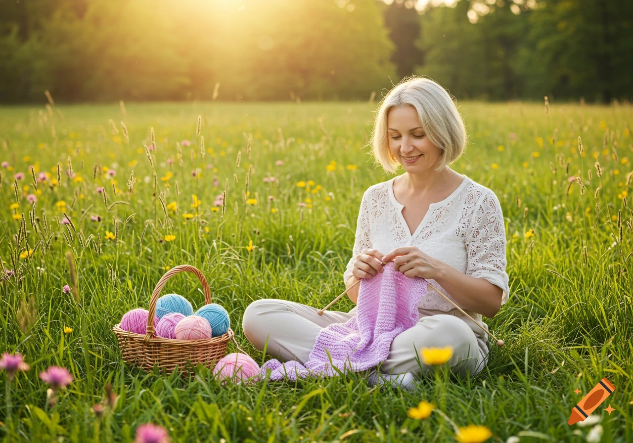 A woman with short grey hair sits in a sunny meadow, knitting a purple blanket with wooden needles. A basket of colorful yarn is beside her.