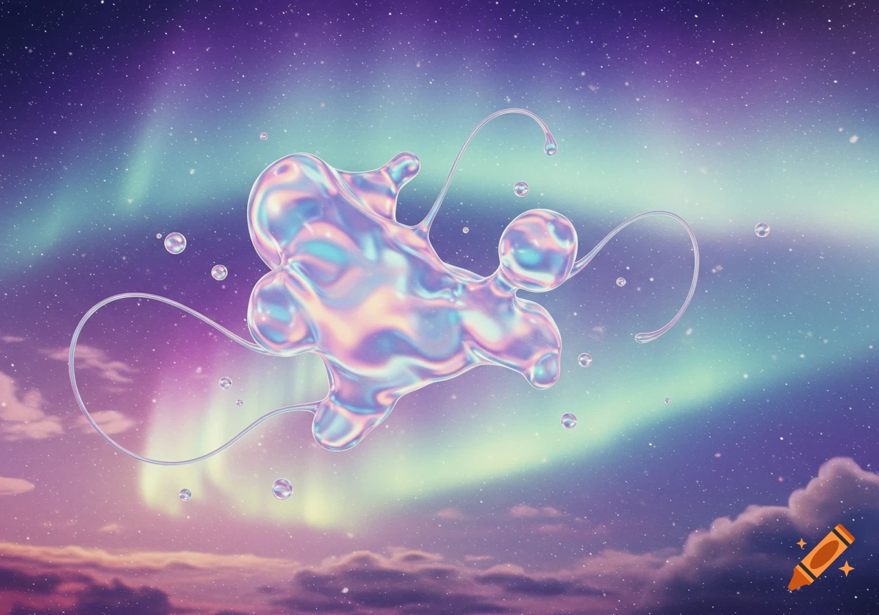 An iridescent, holographic abstract liquid shape floats in a vibrant cosmic sky with a starry background, aurora borealis, and purple clouds.