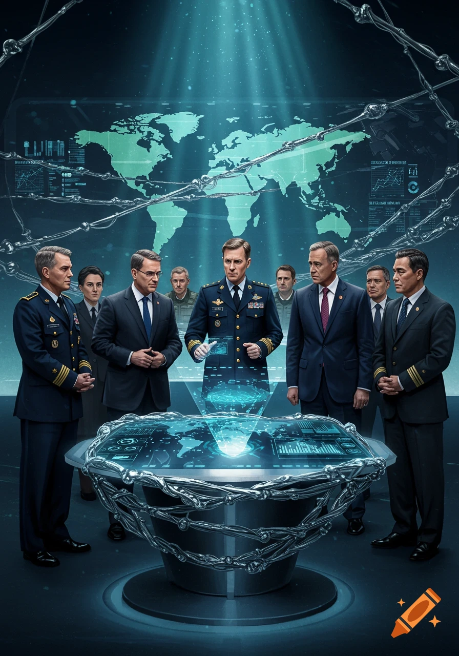 Military and government leaders in suits and uniforms stand around a holographic table displaying a world map and data, with a large world map in the background and chains draped across the scene, symbolizing global collaboration and security.