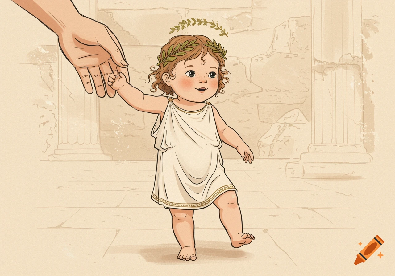 A stylized illustration of a baby with curly hair wearing a white toga and a laurel wreath, holding an adult's hand, walking in a setting with ancient Greek columns.