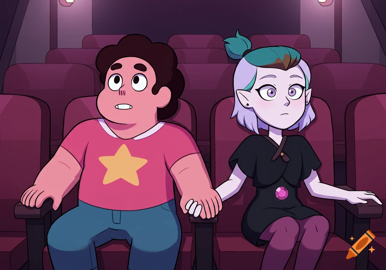 Steven Universe and Amity Blight holding hands in a movie theater, looking up at the screen in cartoon style.