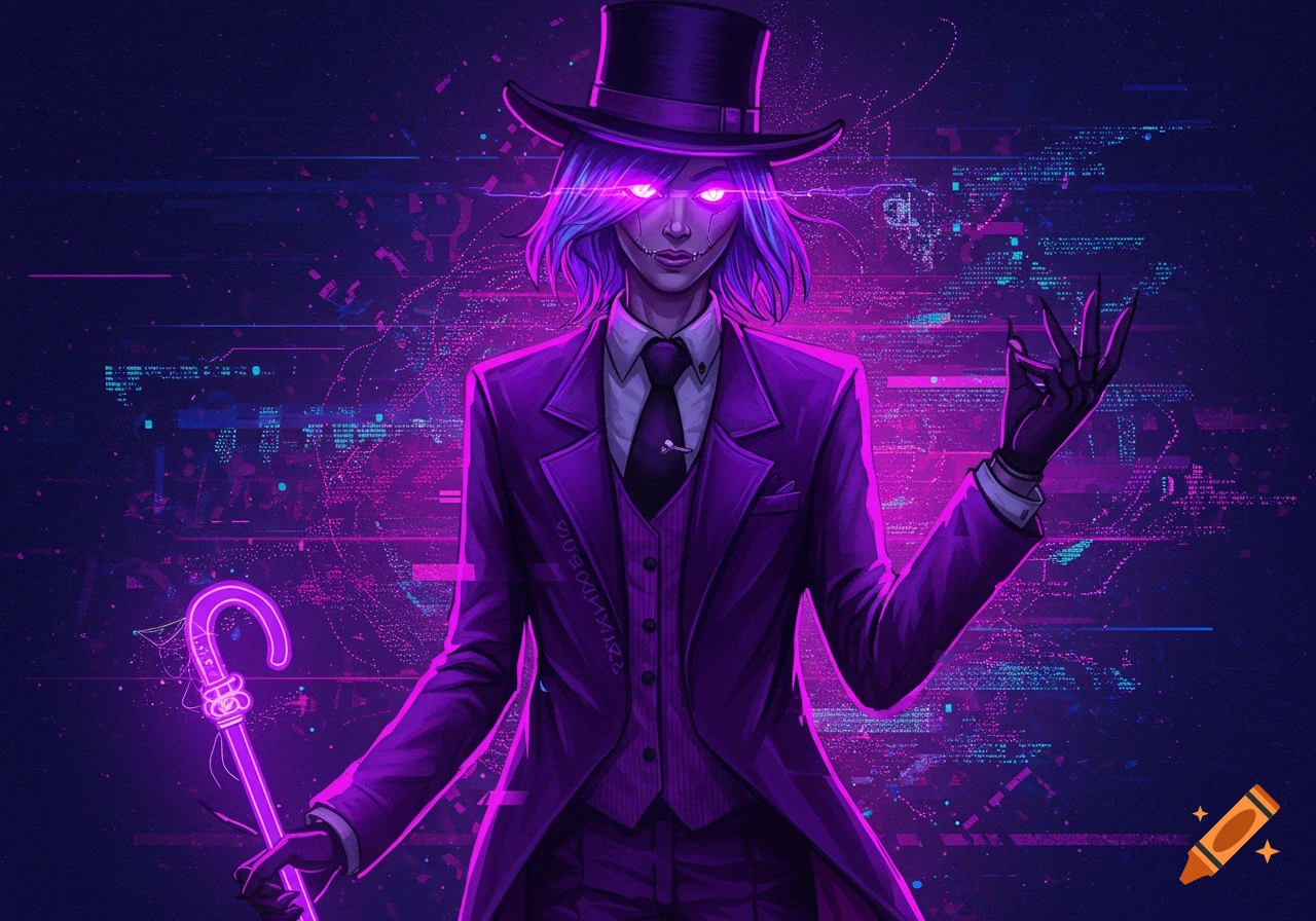 A stylized non-binary character with purple hair, glowing purple eyes, and stitch marks on their face, wearing a purple suit and top hat, holding a glowing purple cane. The background features a dark, glitchy, digital aesthetic with abstract code-like patterns in neon pink and blue.