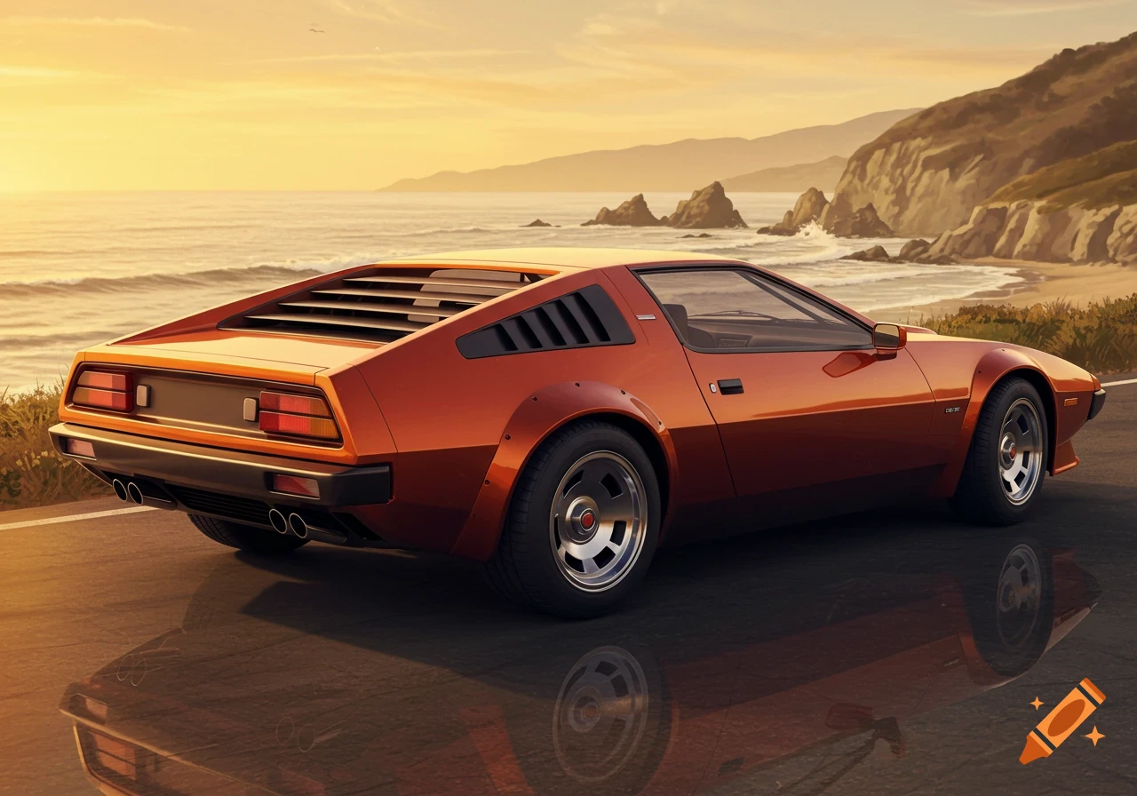 A stylish orange concept sports car parked on a road next to a beach with ocean waves and cliffs at sunset.