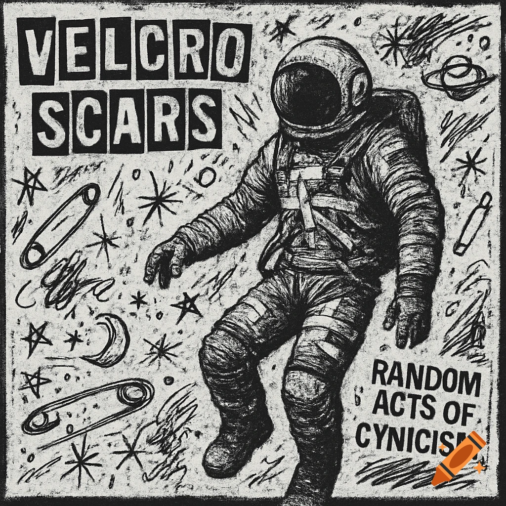 Black-and-white punk zine style drawing of an astronaut in a ripped spacesuit, surrounded by safety pins, stars, and scribbles. Text reads 'Velcro Scars' and 'Random Acts of Cynicism'.