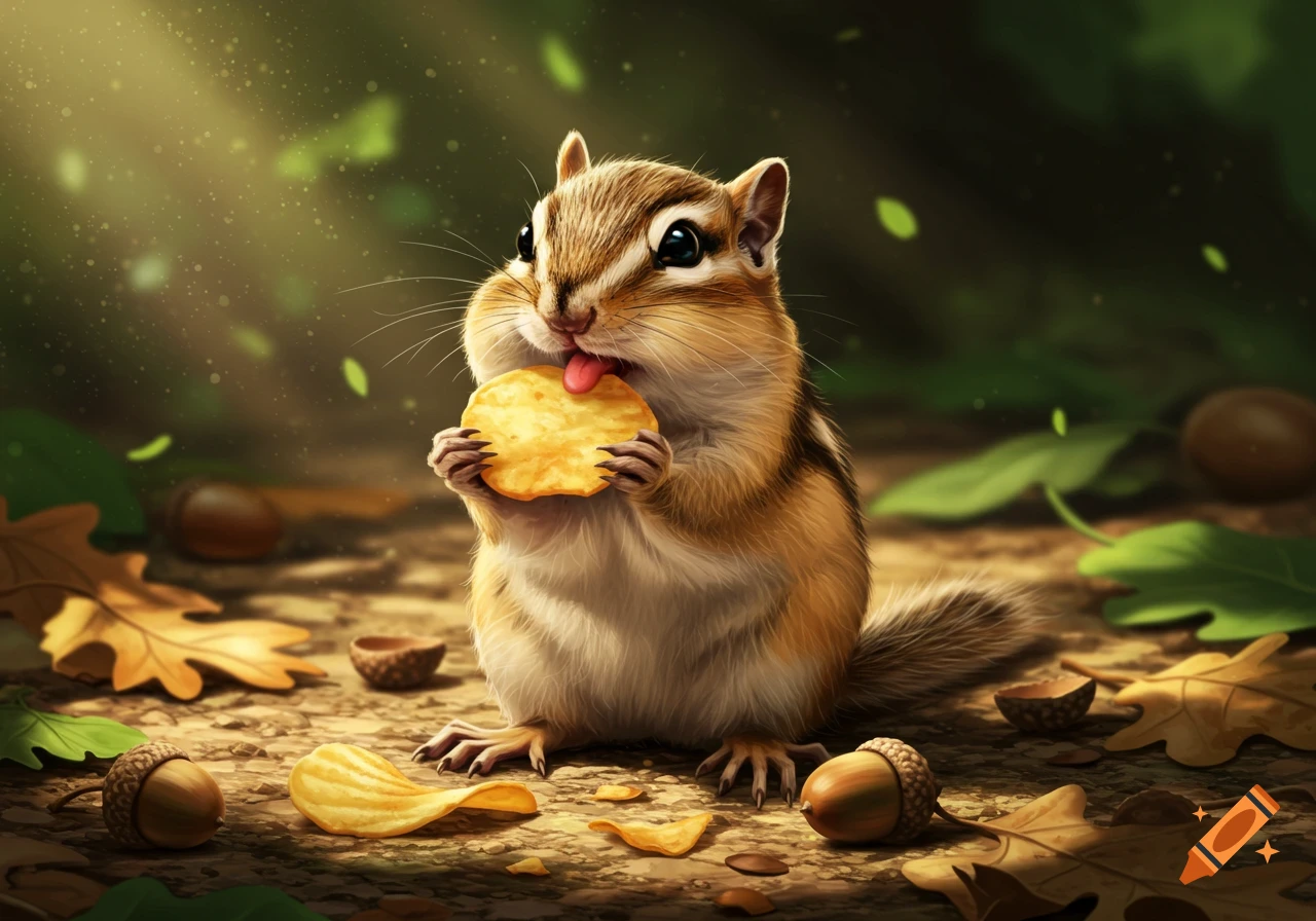 A realistic chipmunk with its tongue out, eating a potato chip on a forest floor with fallen leaves and acorns.