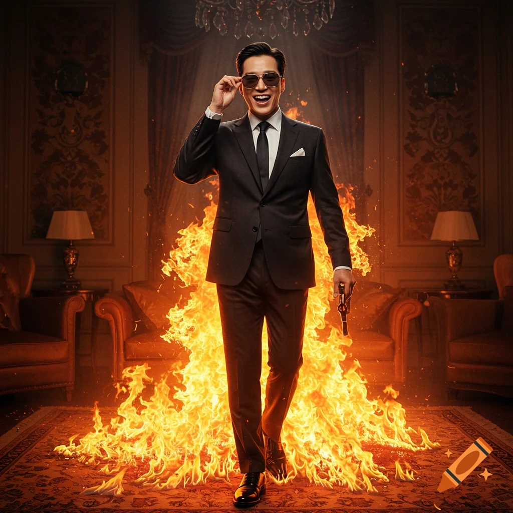 Jumin Han, in a suit and sunglasses, walks smiling through a lavish room engulfed in flames, holding a pistol.