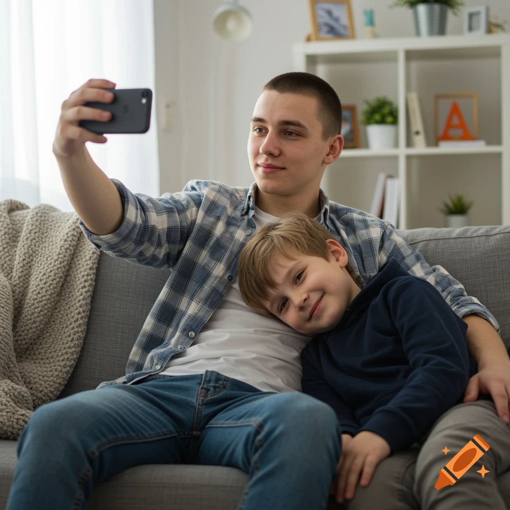 A young man taking a selfie with a child resting on his lap on a couch in a living room.