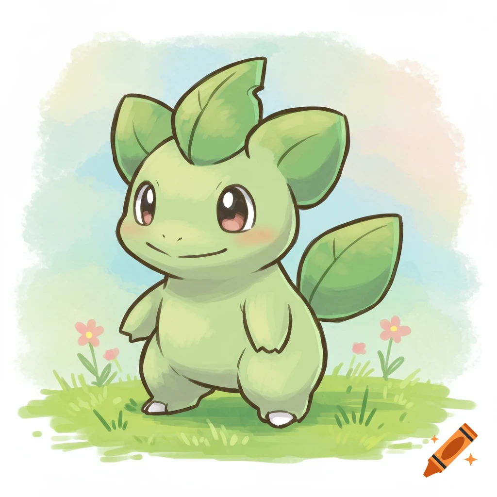 Cute green leaf creature with big eyes and leaf ears, resembling a grass type Pokemon, standing in green grass with a watercolor background.