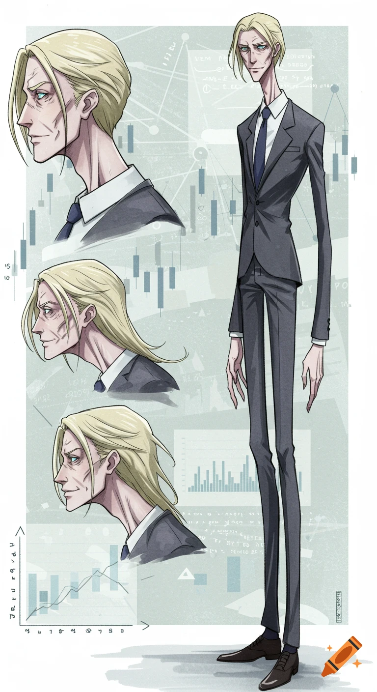 An anime reference sheet shows a tall, gaunt blond businessman in a dark suit against a background of charts and diagrams.