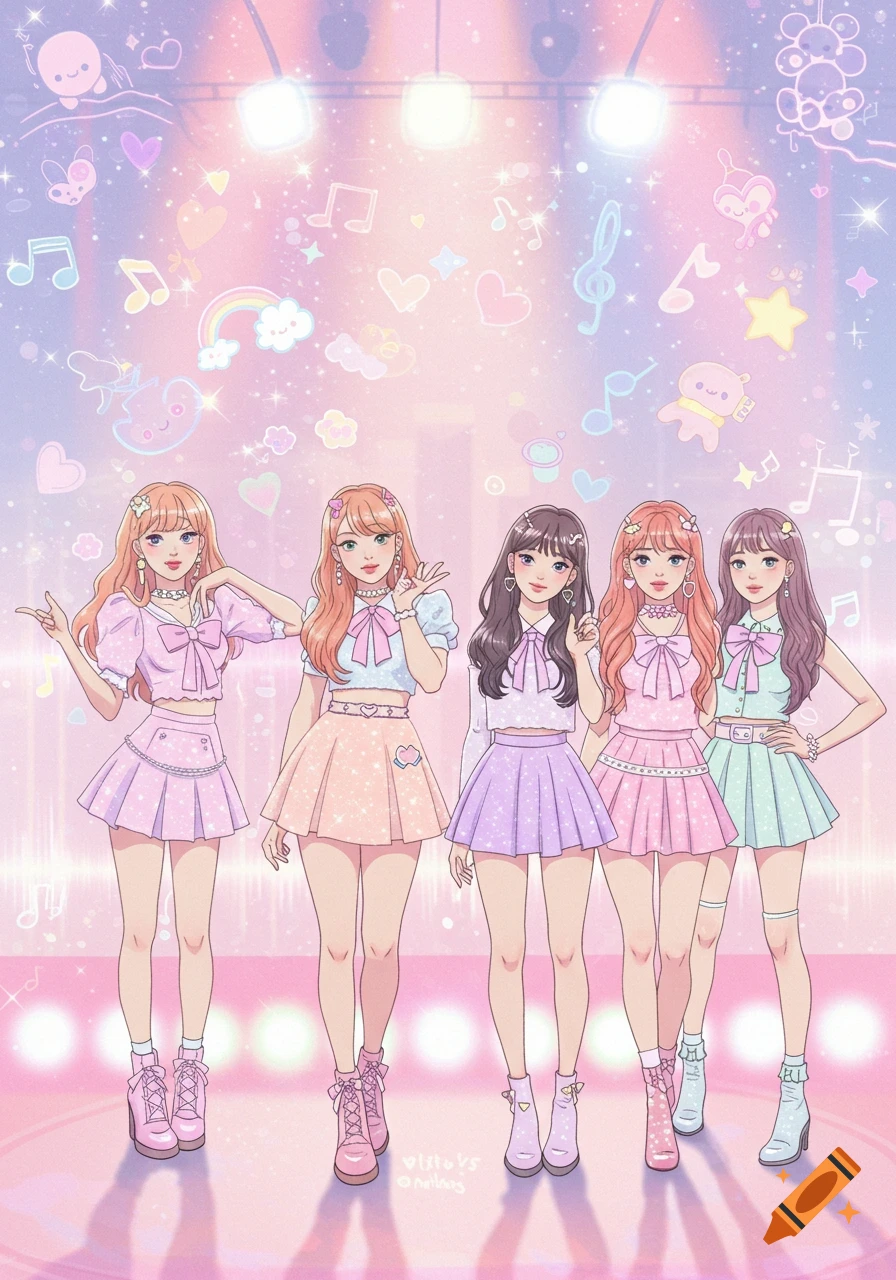 Five kawaii anime girls in pastel dresses and platform shoes on a glittery stage, surrounded by floating music notes and hearts.