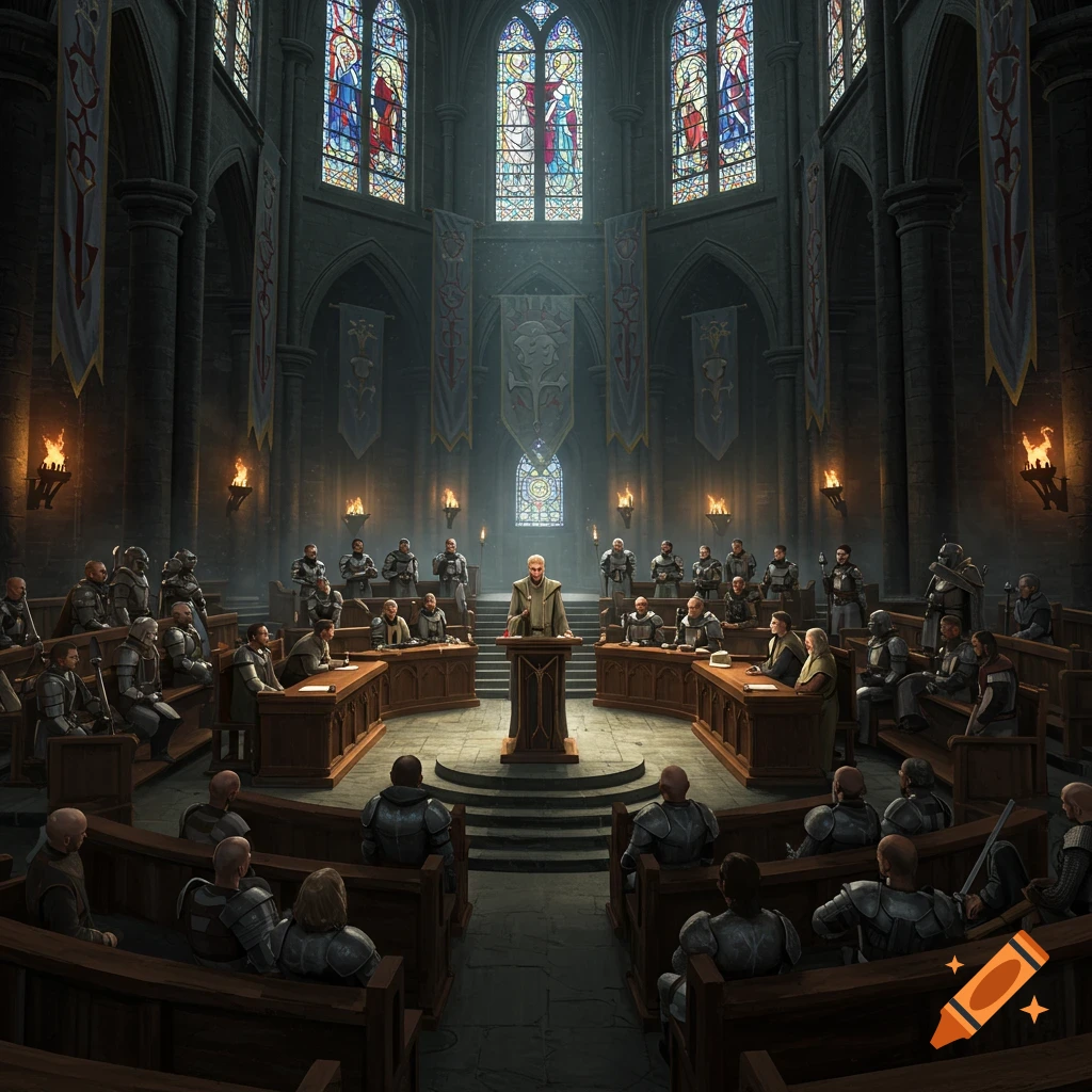 A grand medieval fantasy hall with a speaker at a podium addressing an assembly of armored figures and council members.