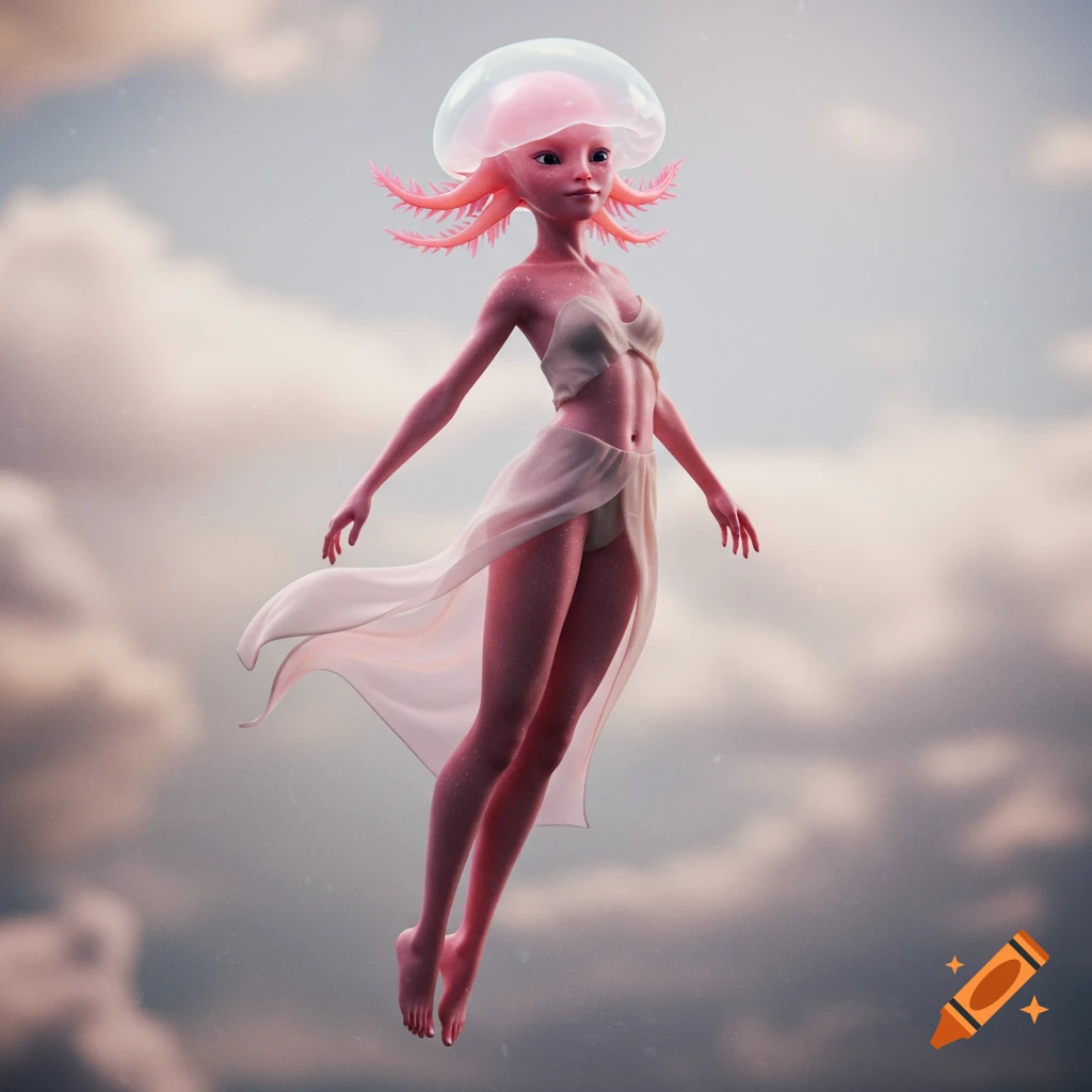 Pink jellyfish-headed alien woman with a sheer flowing skirt levitating in a cloudy sky, surreal fantasy art.