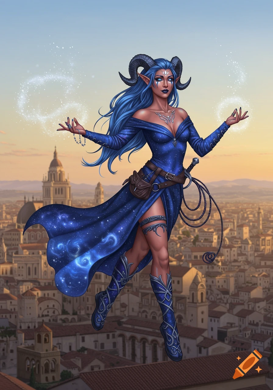 A blue-haired, horned fantasy woman in a star-patterned blue gown floats above a medieval city at sunset, generating sparkling magic.