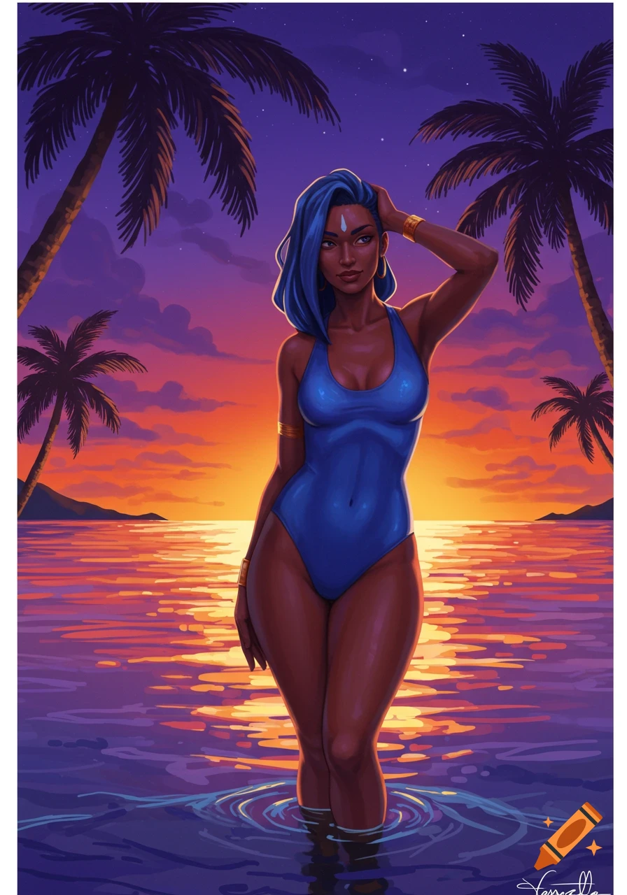 Illustration of a dark-skinned woman with blue hair in a blue swimsuit, standing in tropical waters at sunset with palm trees.