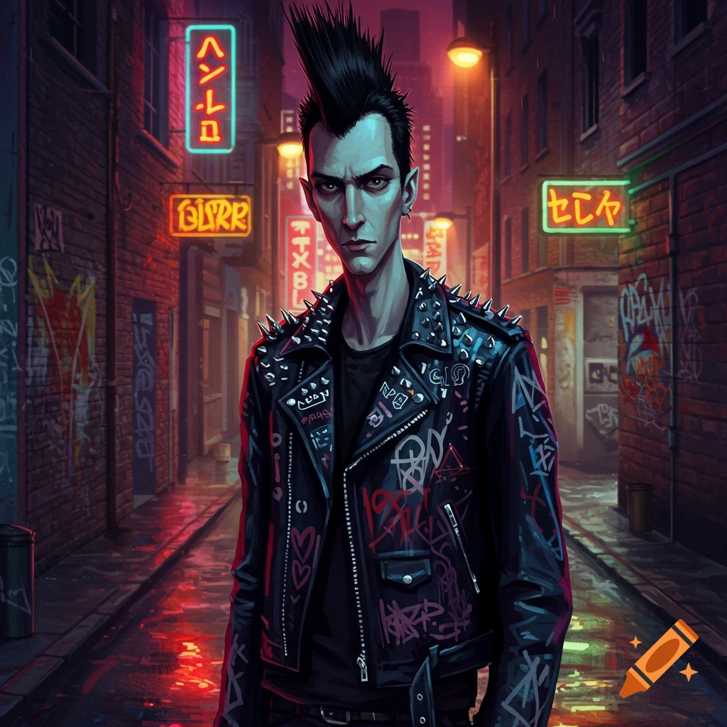 A punk-style man with spiky black hair and a studded leather jacket stands in a neon-lit, rain-slicked alley at night.