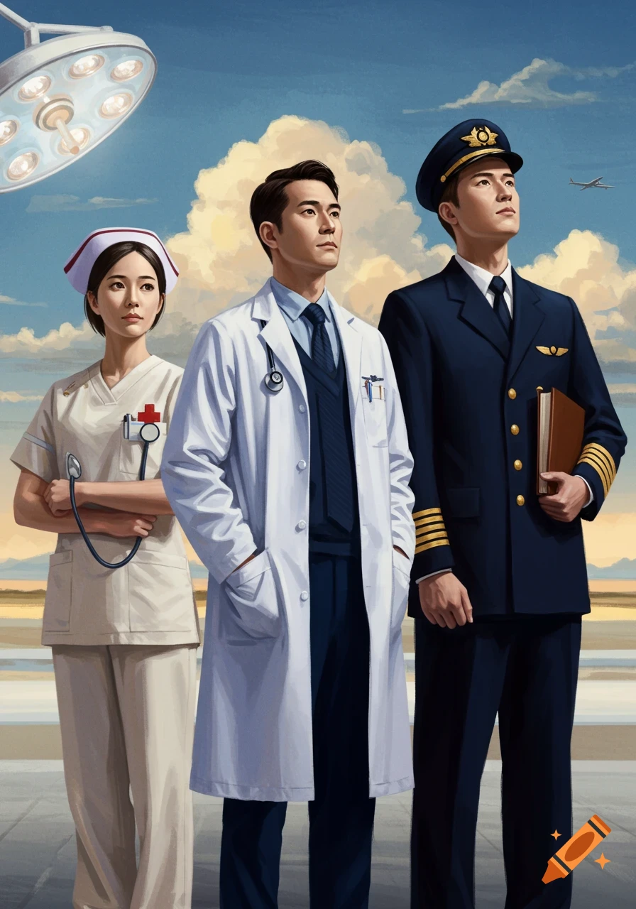An illustration of a nurse, doctor, and pilot standing side-by-side, looking into the distance with a blue sky and clouds behind them. A surgical light hangs overhead, and an airplane flies in the far background.