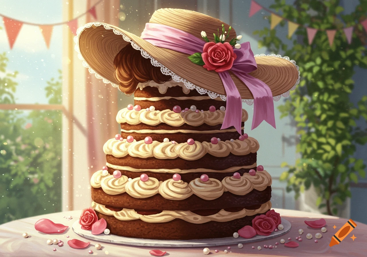 A decorative, multi-tiered chocolate cake with cream frosting, pink pearls, and a straw hat adorned with a pink ribbon and red roses on top. The cake sits on a table with rose petals, set against a bright window and garden backdrop with party banners.